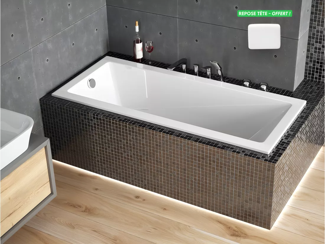 Baignoire rectangulaire blanche à encastrer + repose tête - MODERN SLIM - 180 cm x 70 cm