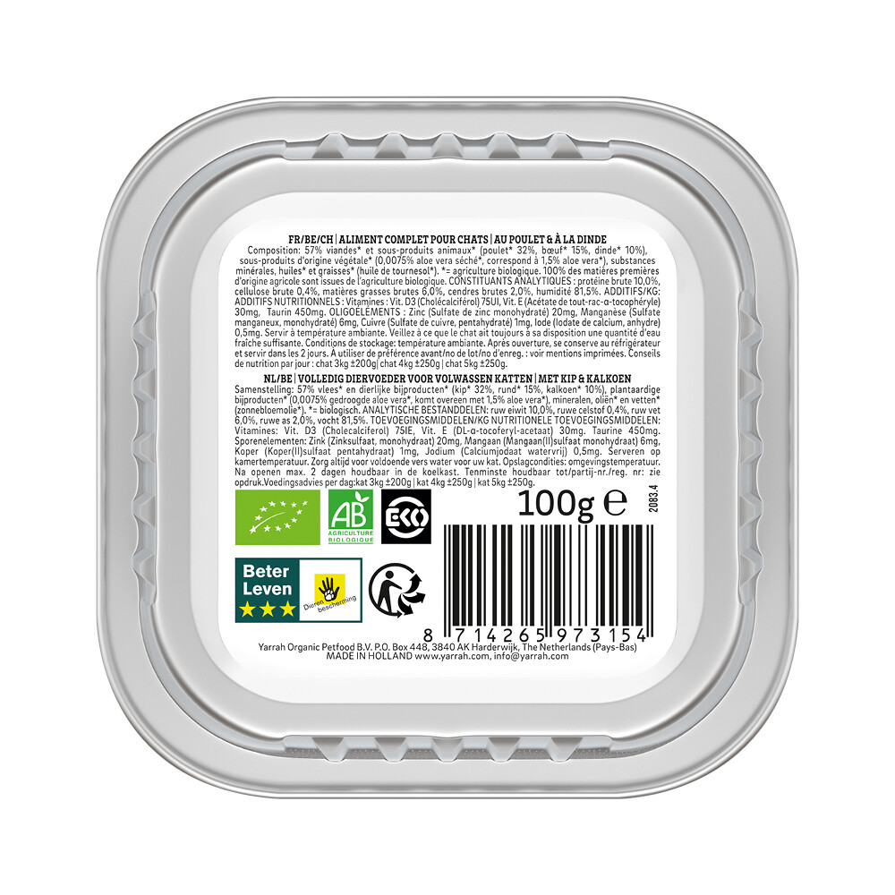 16x Yarrah Bio Kattenvoer Paté Kip & Kalkoen100 gr