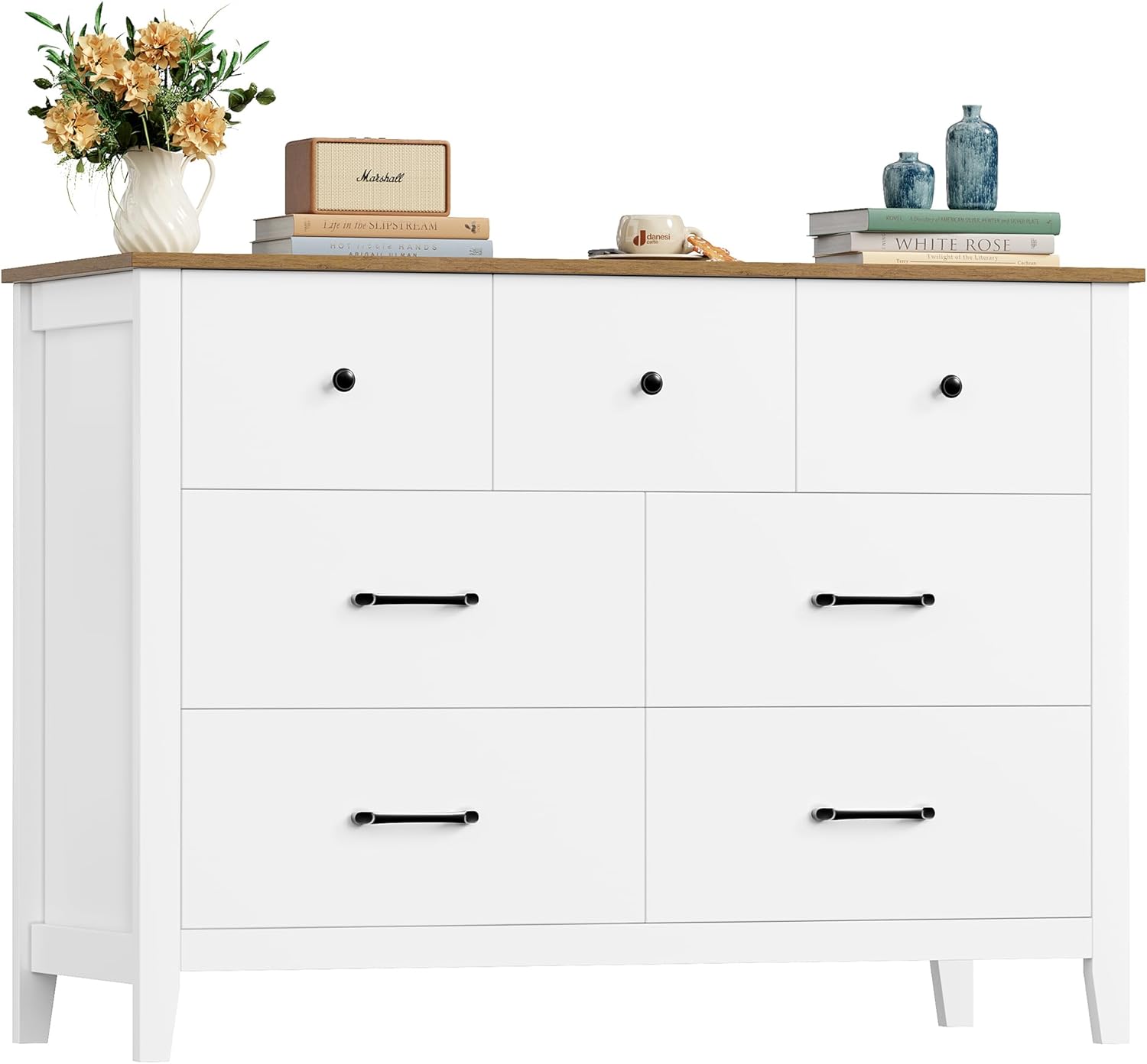 HOCSOK Kommode Weiß mit 7 Schubladen, Kommode mit Aus Holzplatte, Komodenschrank für Schlafzimmer Wohnzimmer Jugendzimmer Flur und Büro, 106x40x81 cm