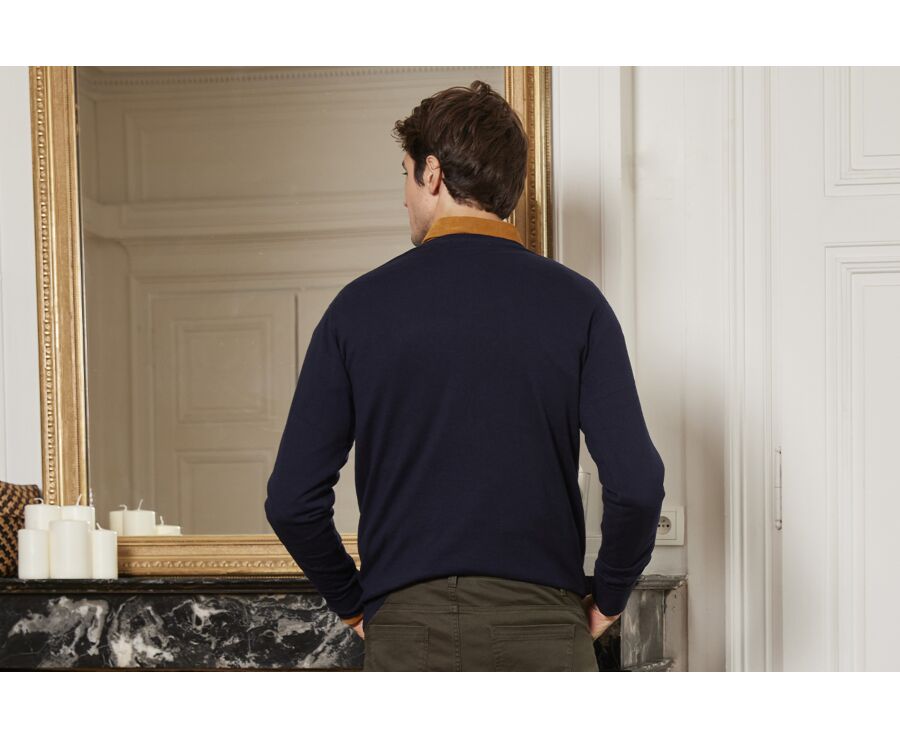 Pull fin homme col V coton/cachemire Bleu marine - VALTON