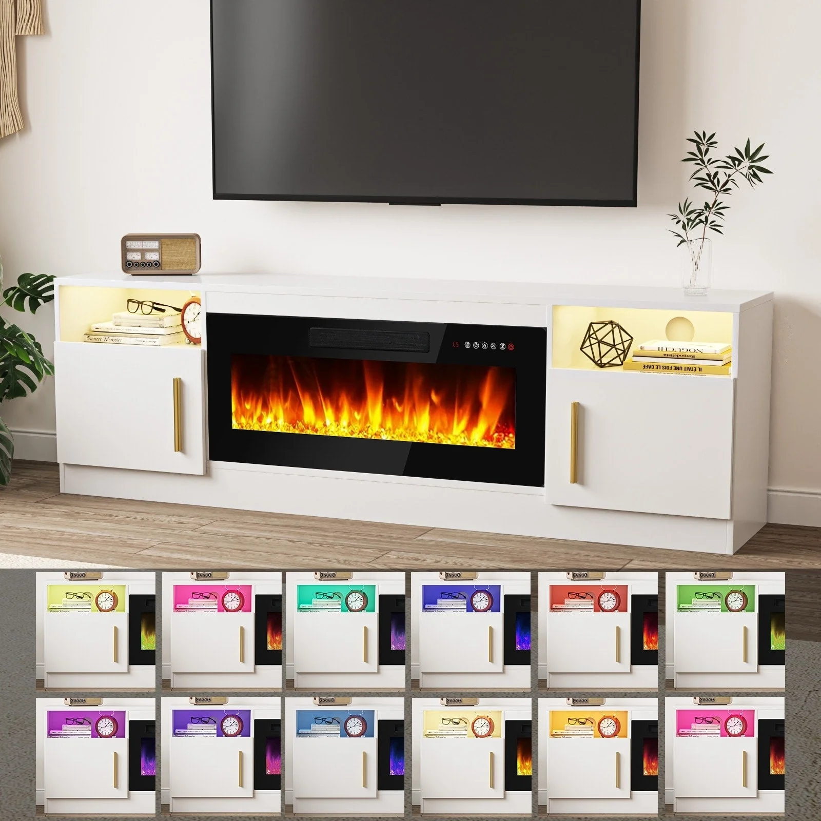 Bossin 70 Fireplace TV Stand with 36 Electric Fireplace, TV Stand for TVs Up to 80, 16 Colors LED Lights/Entertainment Center