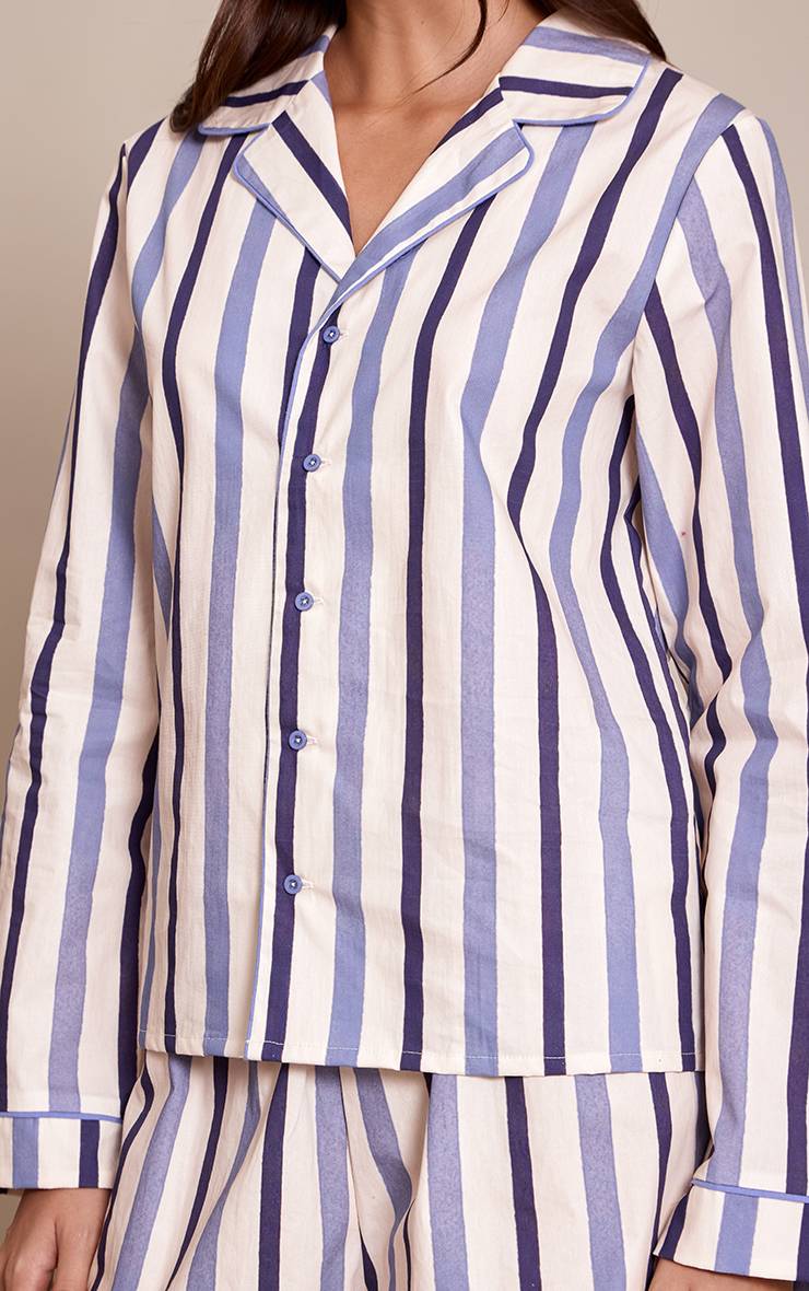 Bleu Ensemble Pyjama Haut À Manches Longues Et Short En Popeline À Rayures