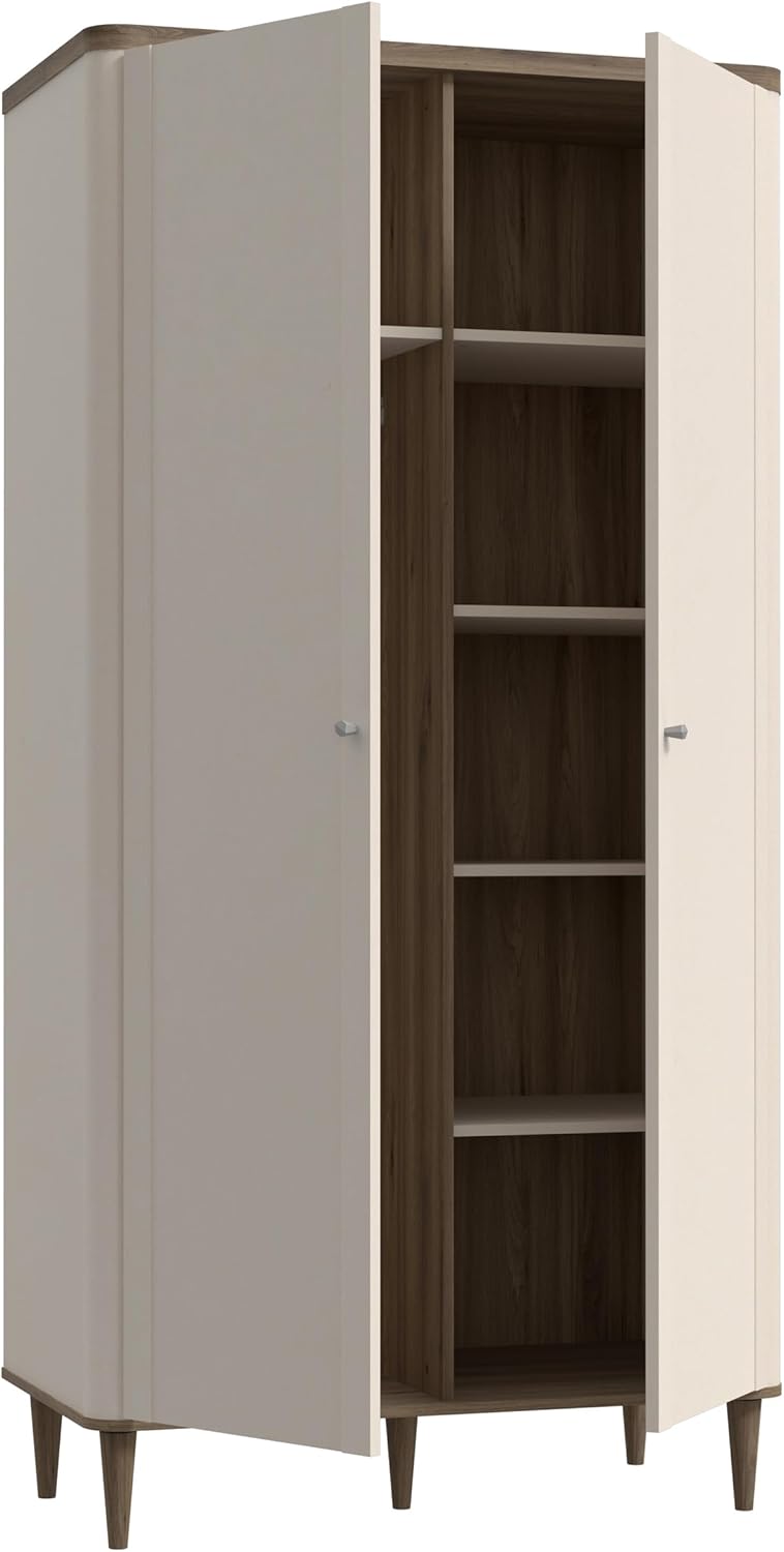 Forte LACETTI Kleiderschrank 100, moderner Schrank mit Skandi Lamellen Design, 2-türig, Schlafzimmer, Kaschmir | Beige mit Valencia Eiche Holzdekor, 100,1 cm breit x 200,5 cm hoch x 52,7 cm tief