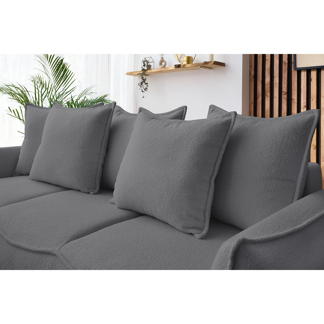Bobochic Canapé 3 places convertible coffre Bouclette Leon gris foncé - 226x97x90 cm