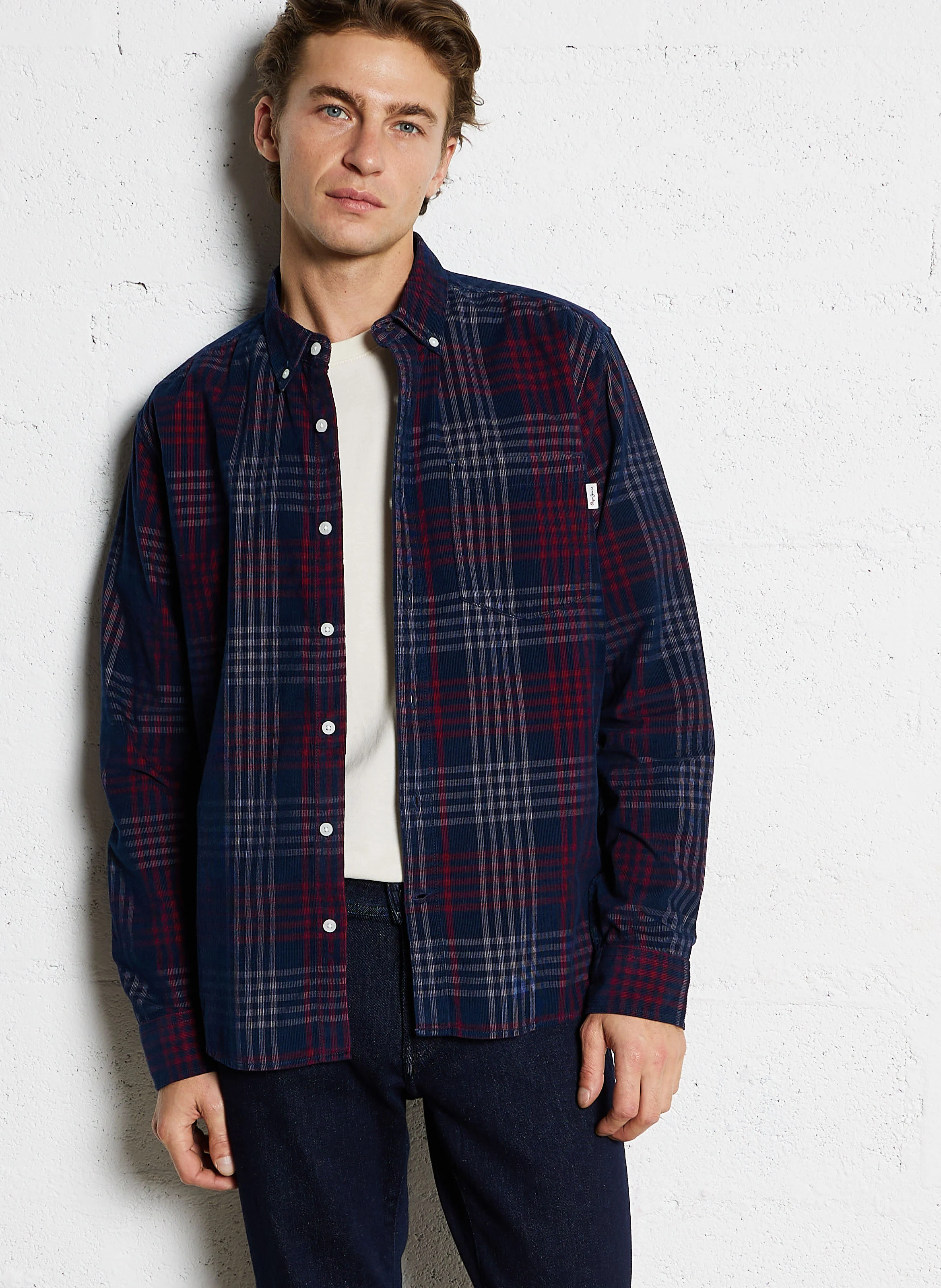 MARCUS - Chemise droite en coton à carreaux | Bleu