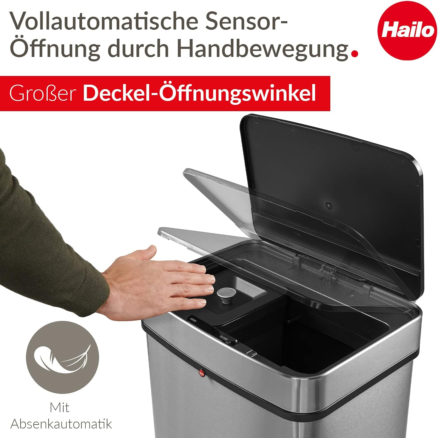 Hailo Öko Vario XL, Mülltrenner, Vollautomatische Deckelöffnung durch Sensortechnik, 50 Liter, 0656-001, Edelstahl, Kunststoff