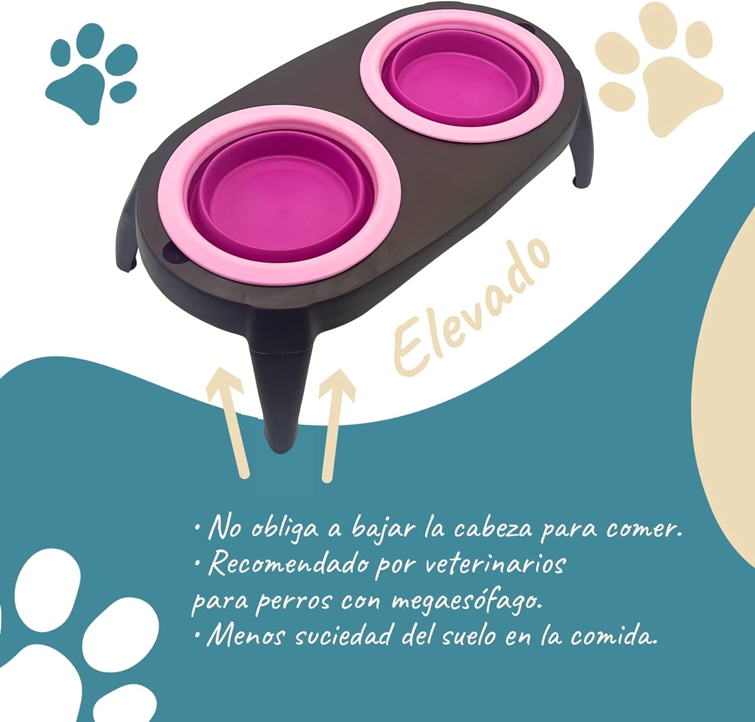 Comedouro elevado para cães EL ÁTICO PETS com bebedouro anti-respingos. Comedouro removível anti-engasgo.