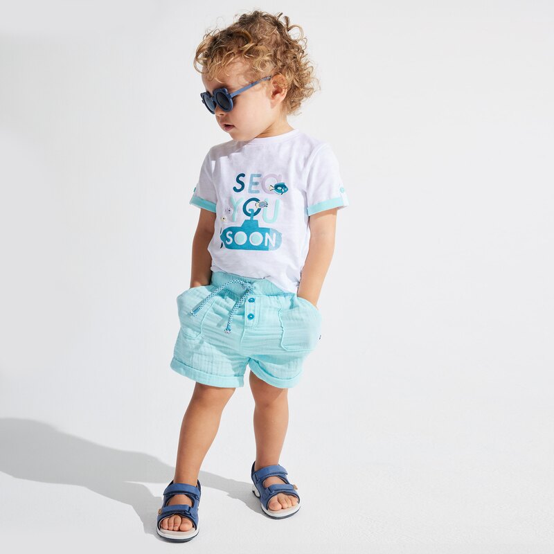 Short coton léger gaufré bleu bébé garçon Turquoise