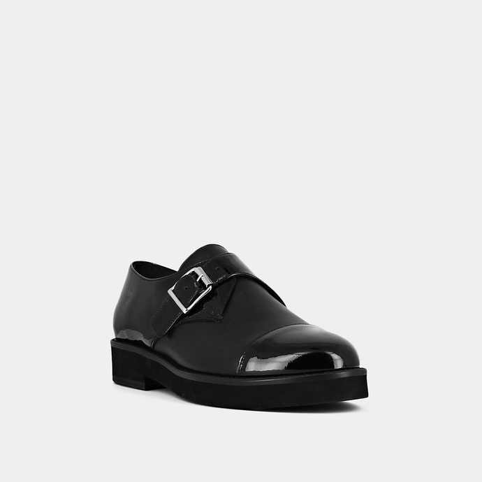 Derbies à talons plats, bouts ronds et b...  en cuir et vernis noir