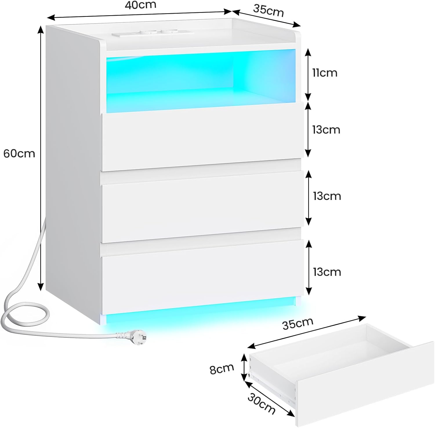 2er Set Nachttisch mit Steckdosenleiste Nachtschrank mit Geräumiger Tischplatte,3 Schubladen und 1 Fach,Beistelltisch mit LED-Beleuchtung,Modern Sofatisch Couchtisch für Wohn- Schlafzimmer (2, Weiß)