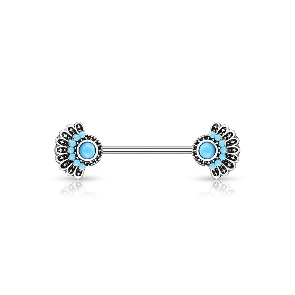 (14mm) Barbell 316L Chirurgenstahl Brustwarzen Piercing mit Gewindeverschluss Fächer mit Steinen - Silber / Türkis