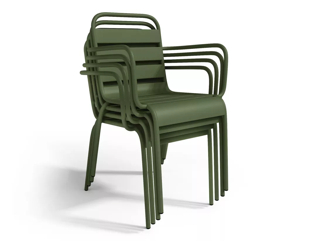 Salle à manger de jardin en métal - une table D.110 cm et 4 fauteuils empilables - Kaki - MIRMANDE de MYLIA