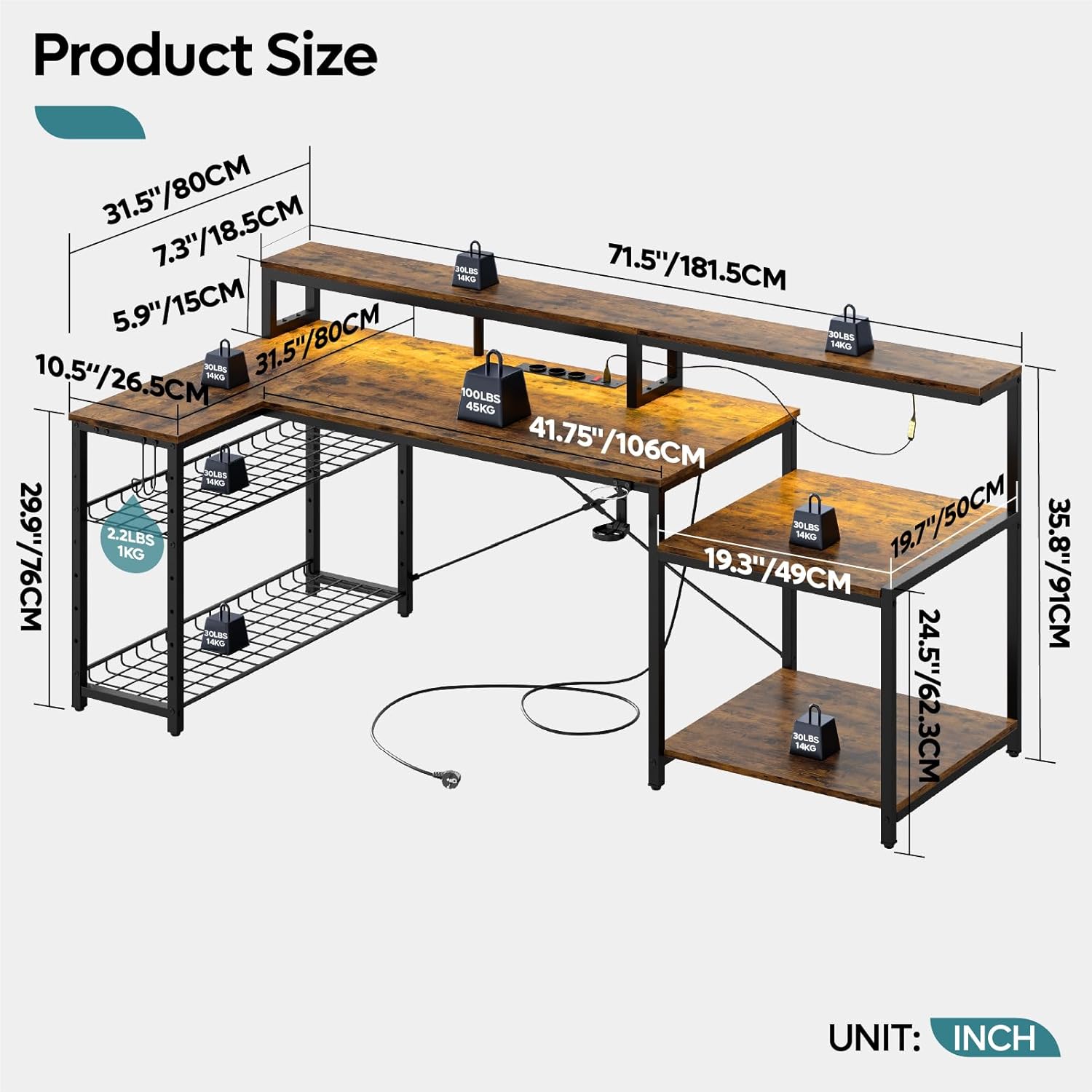 Bestier Gaming Tisch, 181x80 cm Schreibtisch mit LED-Leuchten, L-förmiger Schreibtische mit 3 AC-Steckdosen und 2 USB Ladeanschluss, Computertisch mit großzügiger Monitorablage, Kohlefaser