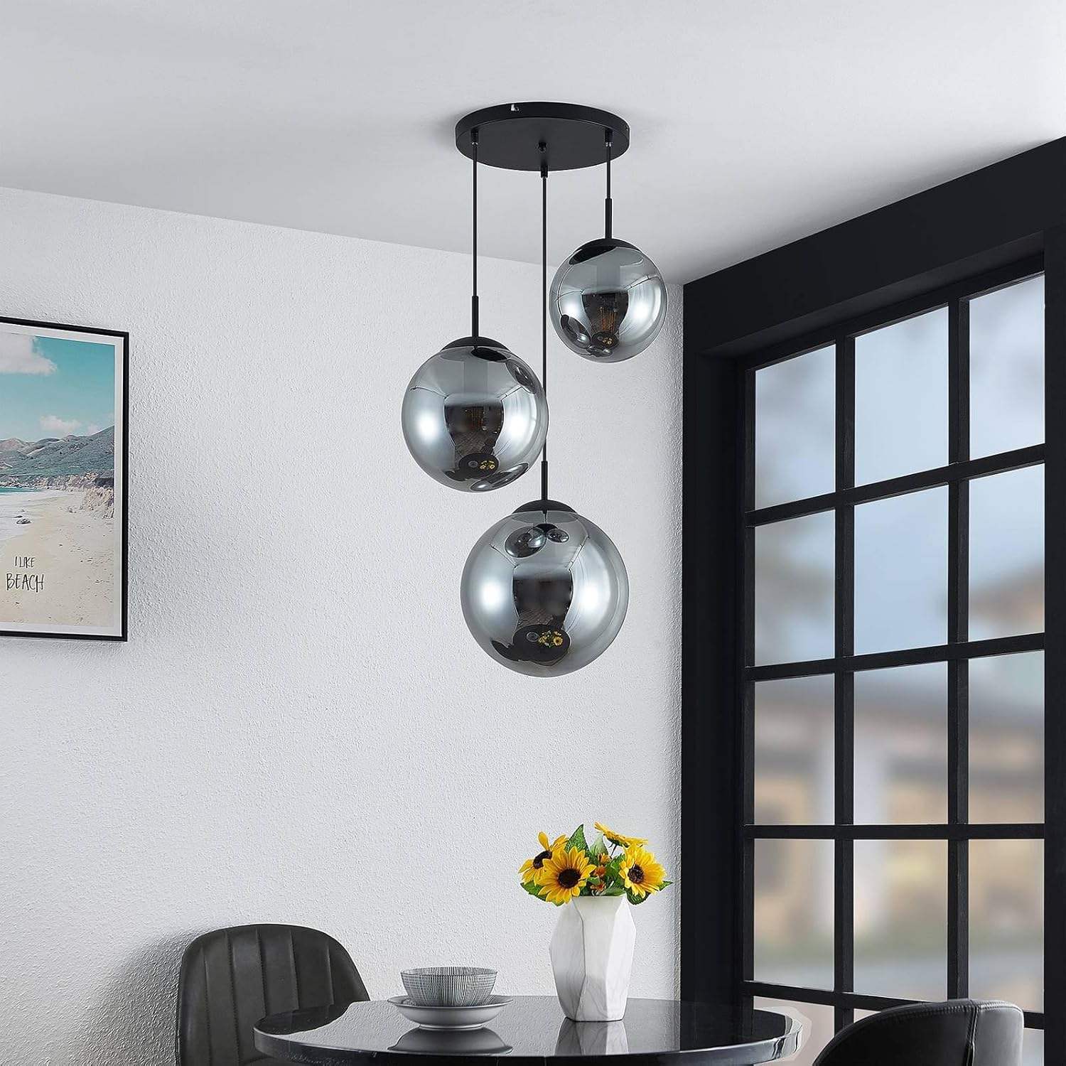 Lindby Esstisch Pendelleuchte Glas rauchgrau, 3 Schirme Ø 30 25 20 cm Hängeleuchte Rauchglas Esszimmer 3x E27 ohne Leuchtmittel Hängelampe Wohnzimmer Esszimmerlampe