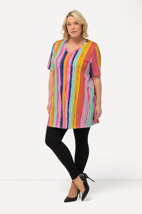Longshirt, farbige Streifen, A-Linie, V-Ausschnitt, Halbarm