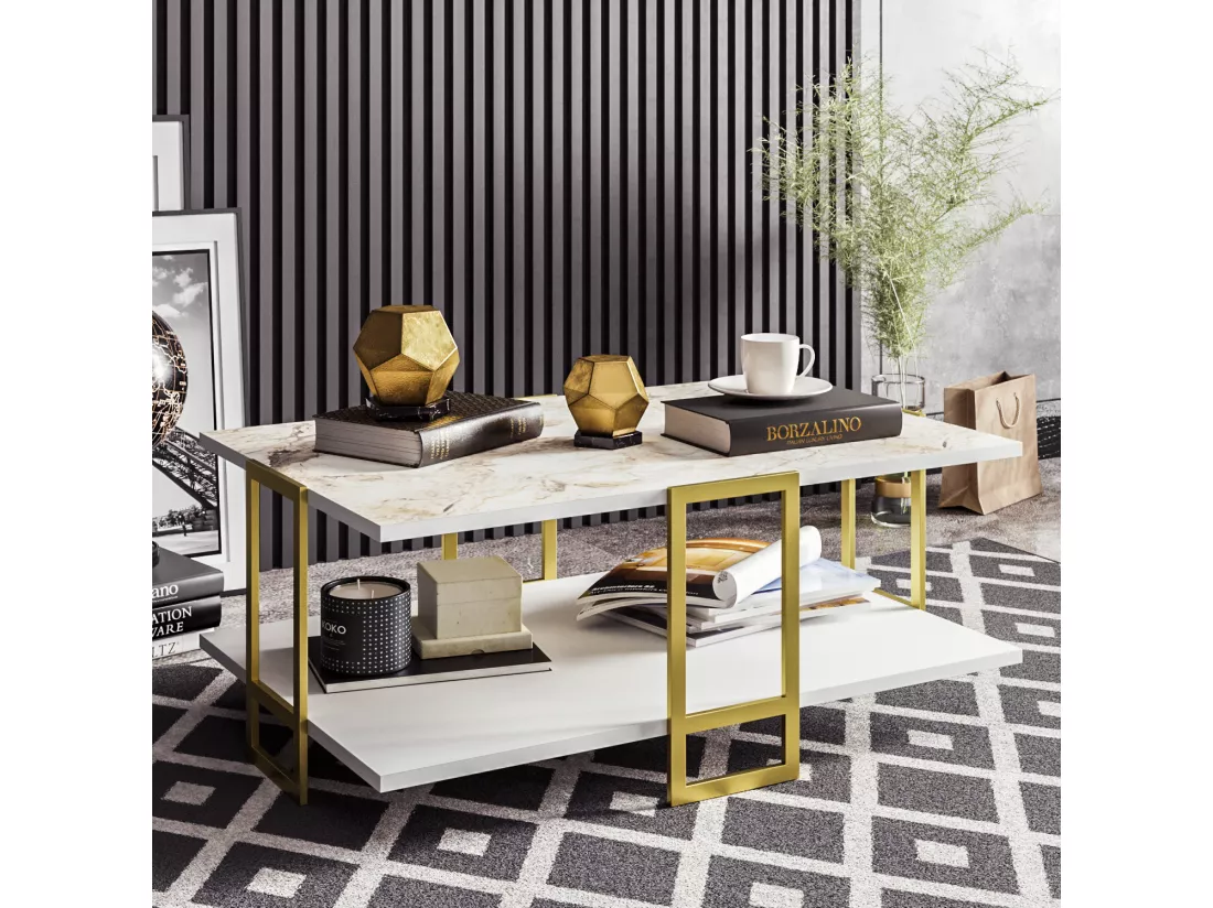 Table basse Polka avec cadre métalique doré (Effet marbre blanc)