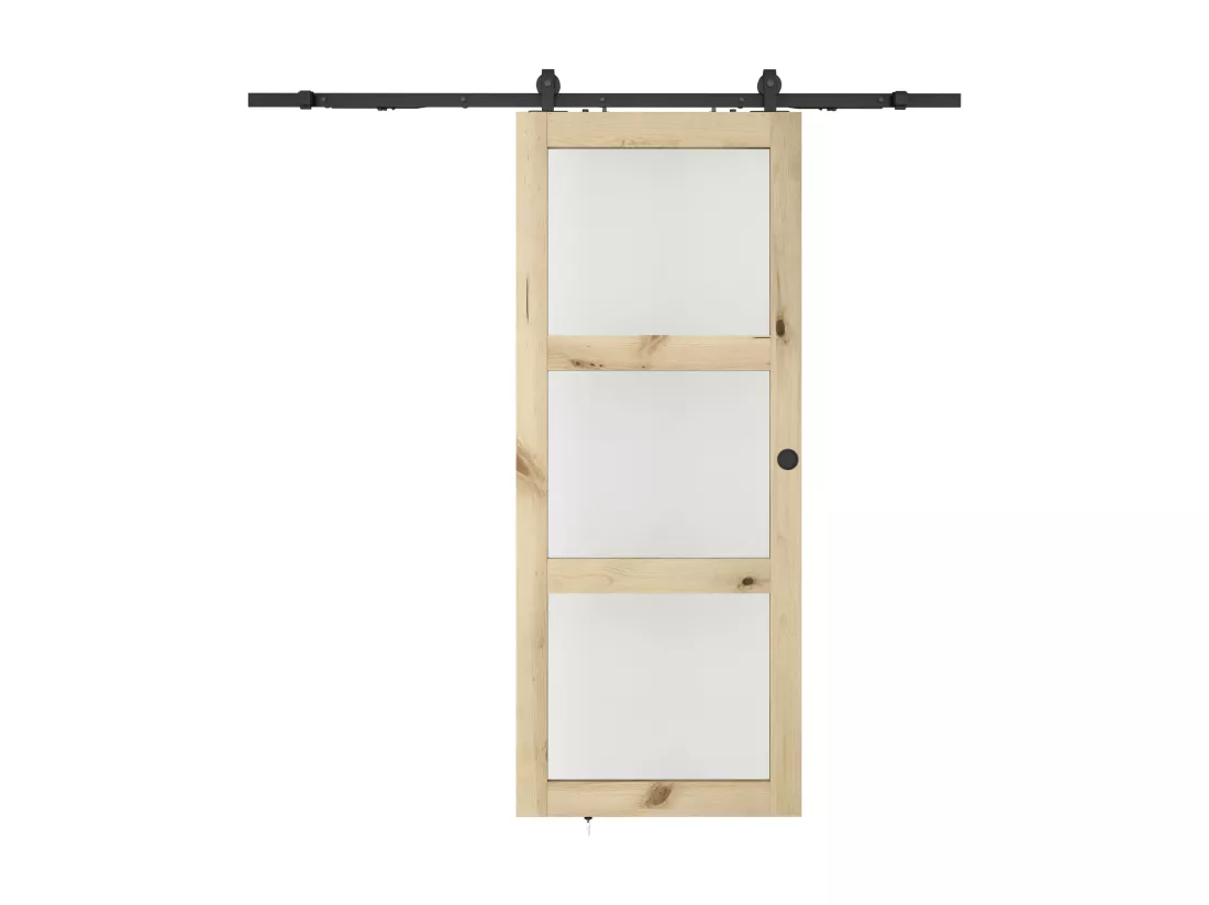Porte coulissante avec système en applique en bois et verre trempé dépoli - 3 fenêtres - H205 x L63 cm - ACOSTA II