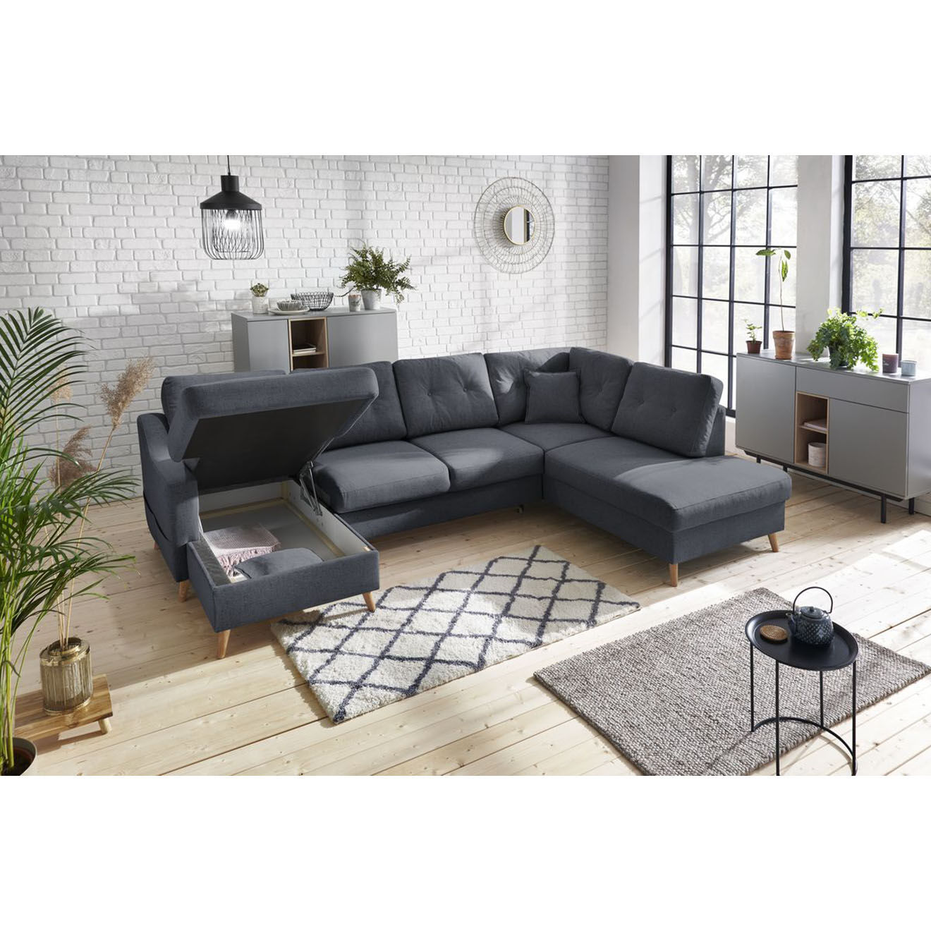 Bobochic Canapé d'angle panoramique convertible gauche Sweden gris foncé gris foncé - 300x149/90/198x95 cm