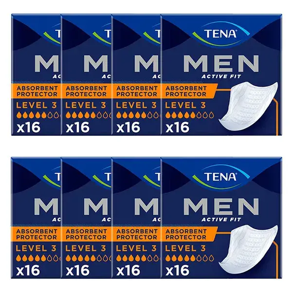 TENA Men Active Fit, proteção absorvente nível 3, tamanho único, pacote com 8 x 16 unidades.