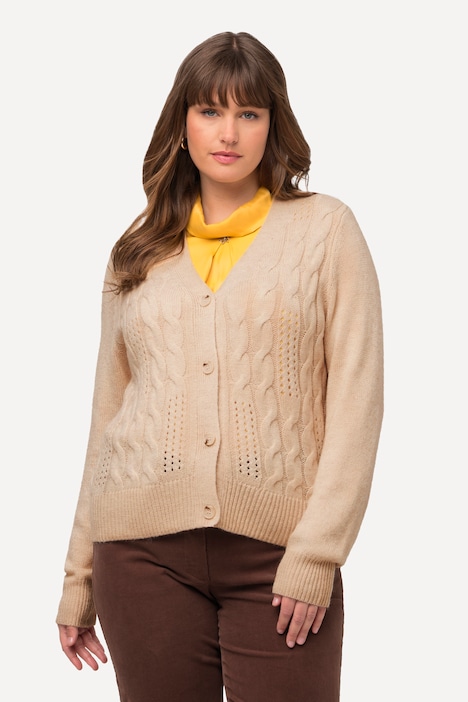 Strickjacke, Zopfmuster, V-Ausschnitt, Knopfleiste