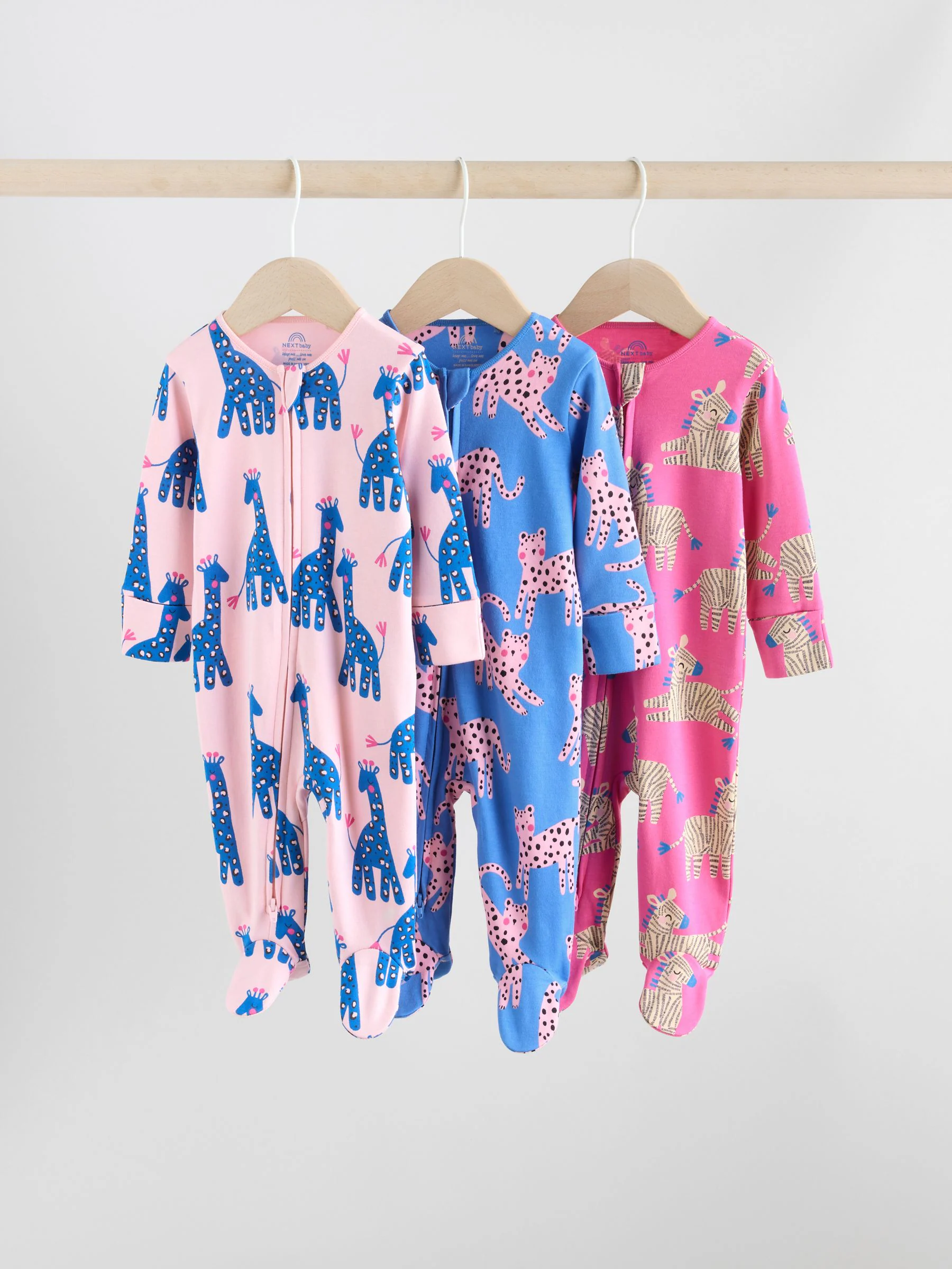 Blauw/roze met karakteristieke dierenprint - 3 Pack Baby-pyjama's met tweewegrits (0mnd -2jr)