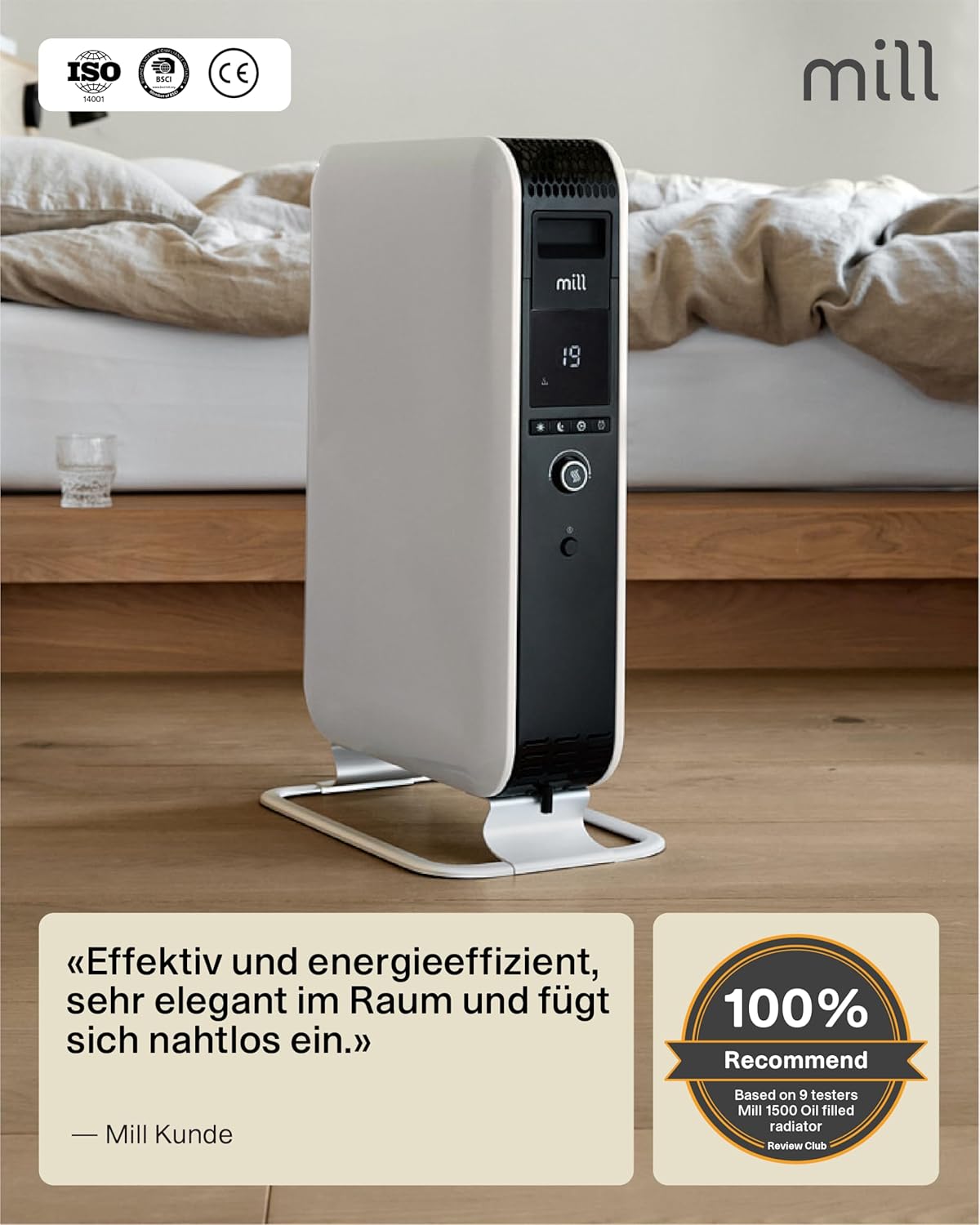 Mill Ölradiator Heizkörper 1500W, elektrische Heizung, bis zu 22 m², geräuschlose Elektroheizung energiesparend, sicherer Elektroheizkörper mit Tag-Nacht Programm, Radiator Heizung elektrisch weiß