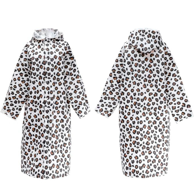 (150cm) Unisex Regenjacke Windmantel Poncho Regencape mit Kapuze   Druckknöpfe - Leopard