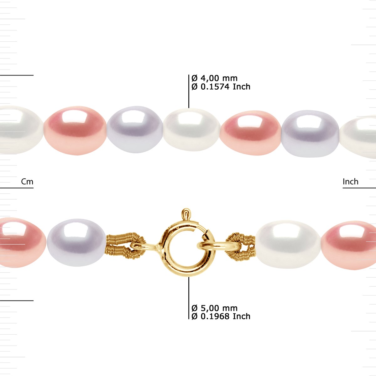 Collier Rang de Perles d'Eau Douce Grain de Riz 4-5 mm Multicolores Or Jaune 18 Carats