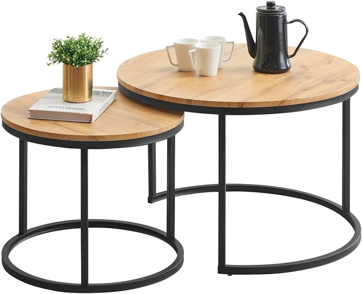 Couchtisch 2er Set, Moderne Couch Tisch mit Schwarz Metallgestell, Couchtisch Eiche, Couchtische Rund Schwarz, Living Room Table, Kaffeetisch, Wohnzimmertisch Holz 70x70x45 & 50x50x35 cm