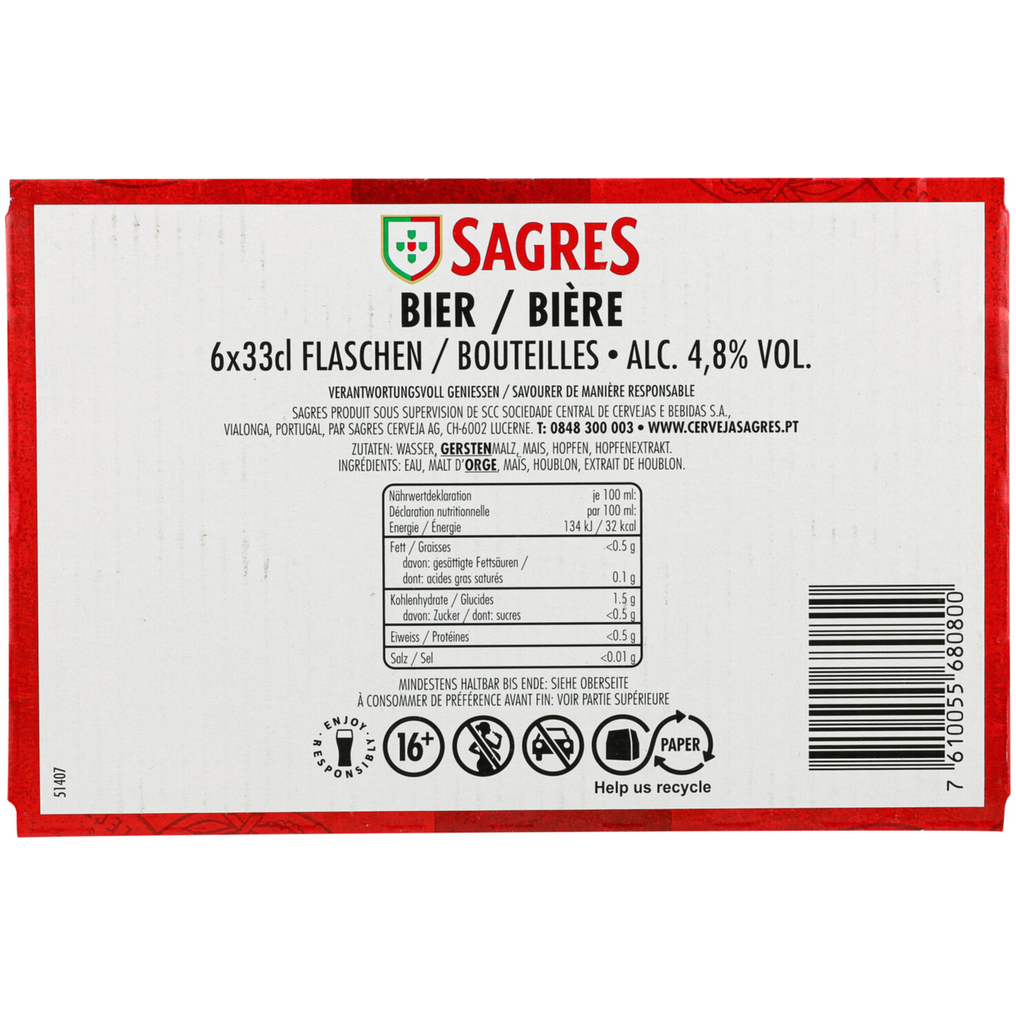 Sagres Bier 6x33cl -198cl