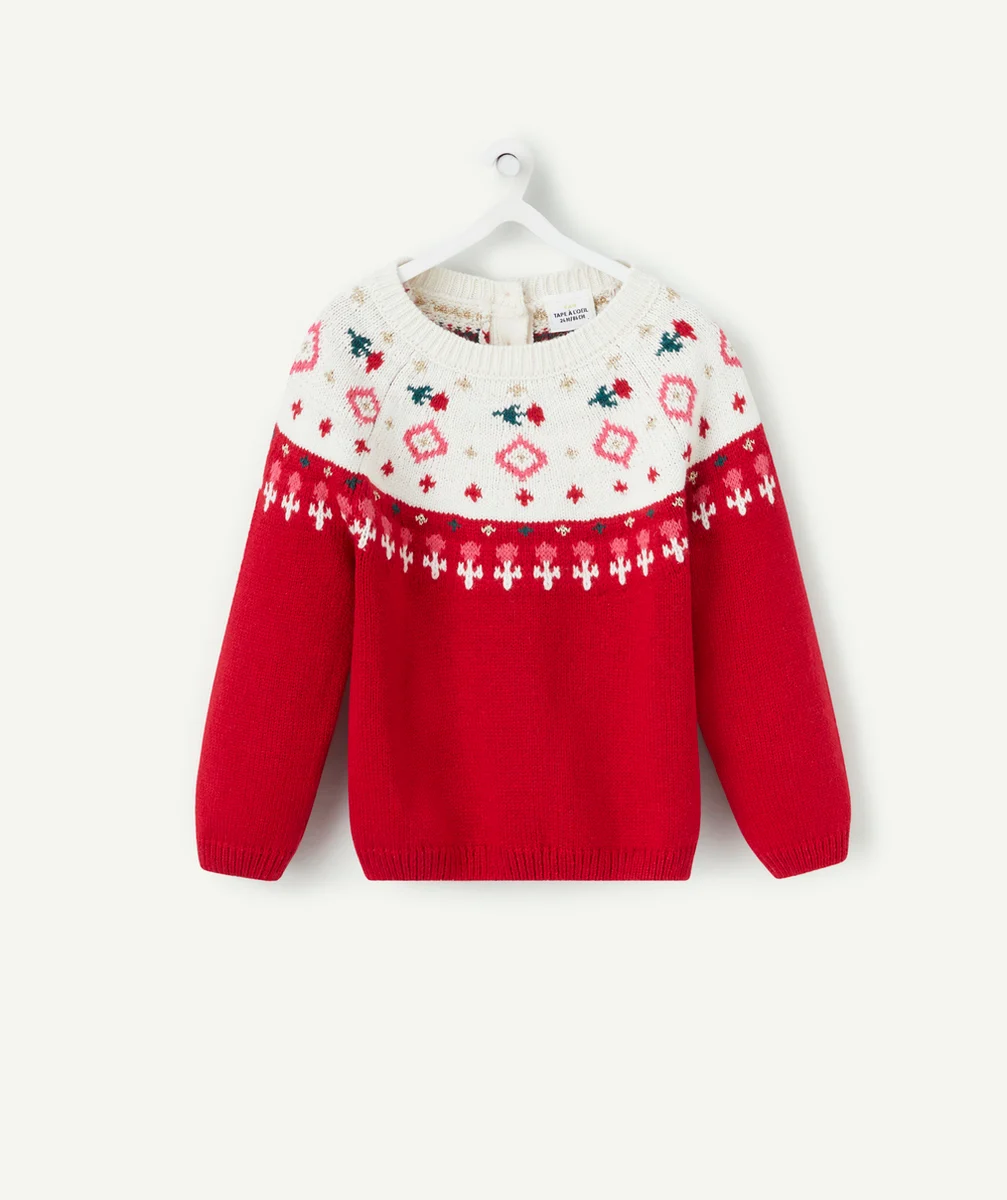 PULL DE NOËL EN TRICOT BÉBÉ FILLE ROUGE ET ÉCRU