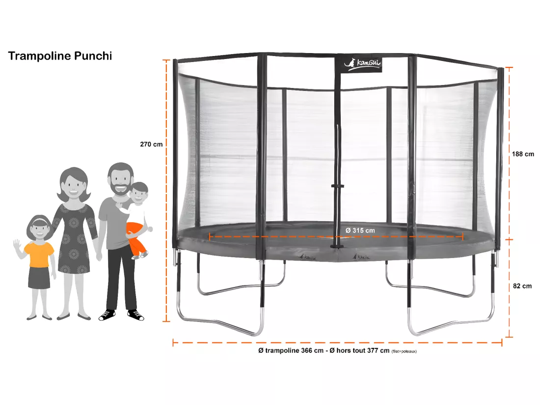 Kangui - Trampoline de jardin 365 cm + filet de sécurité | PUNCHI Vert 360