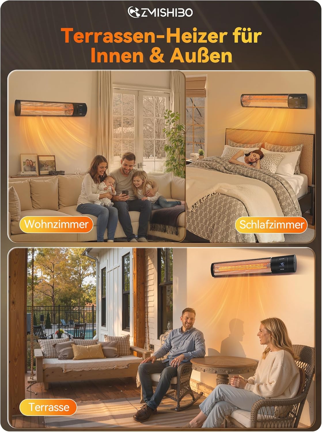ZMISHIBO Infrarot Heizstrahler 2000W, 4 Heizstufen, IP65 für innen & außen, Wand- & Deckenmontage, mit APP, LED-Display, Fenster-Offen-Erkennung & Kindersicherung