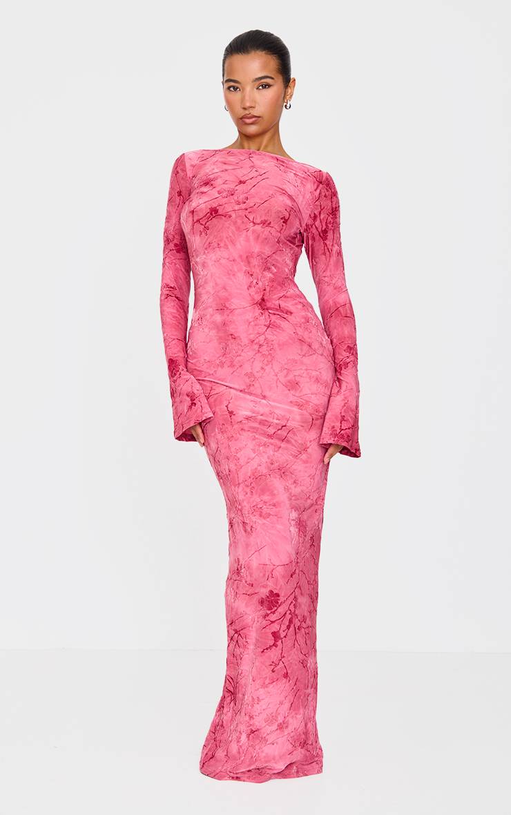 Rose Robe Longue Maxi À Manches Longues En Dévoré Fleuri