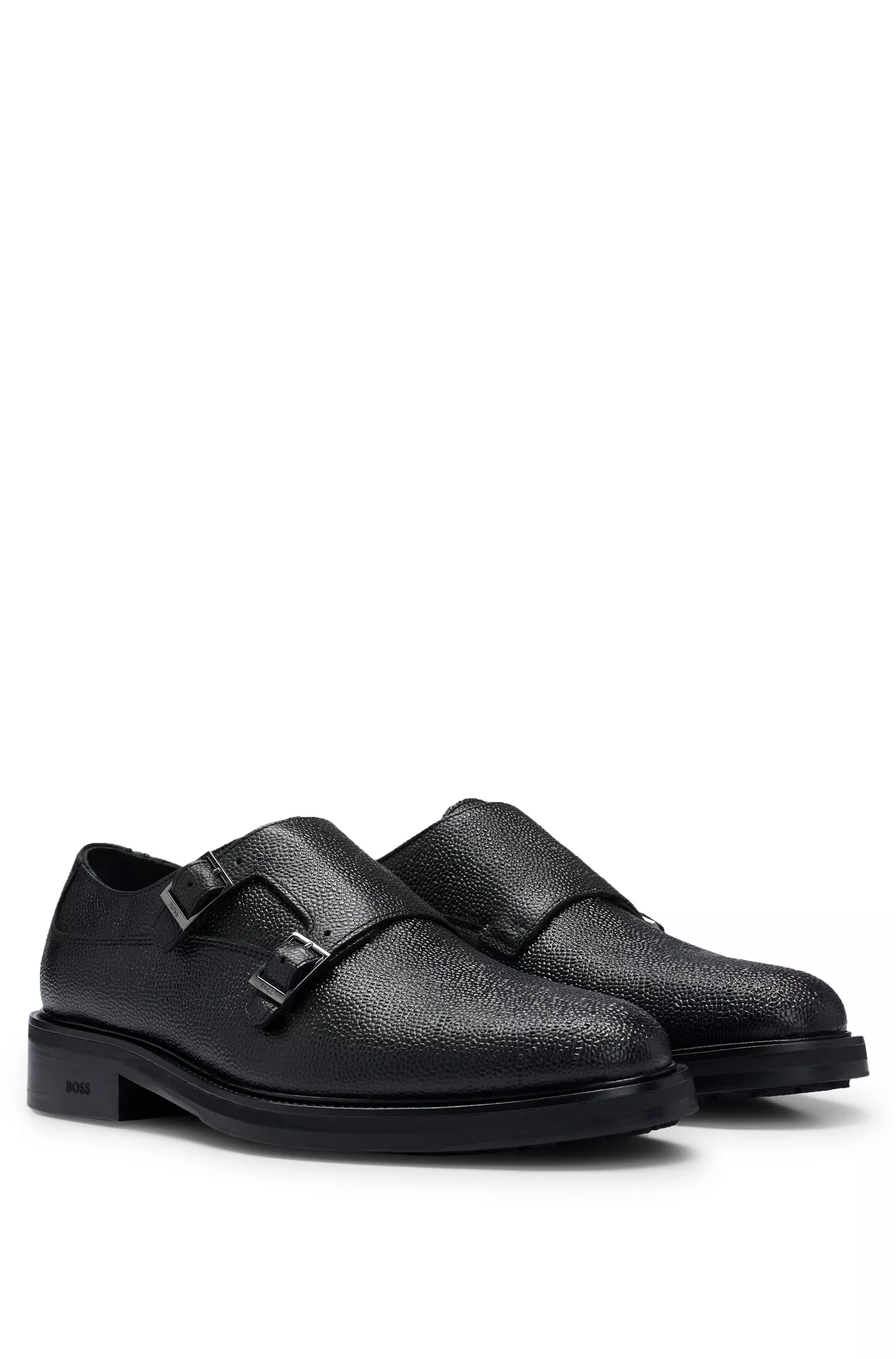 Sapatos BOSS estilo monk em couro granulado preto com tira dupla.
