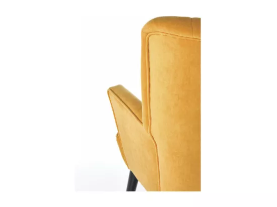 Fauteuil contemporain en velours jaune moutarde avec haut dossier et pieds noirs en bois massif CYRUS