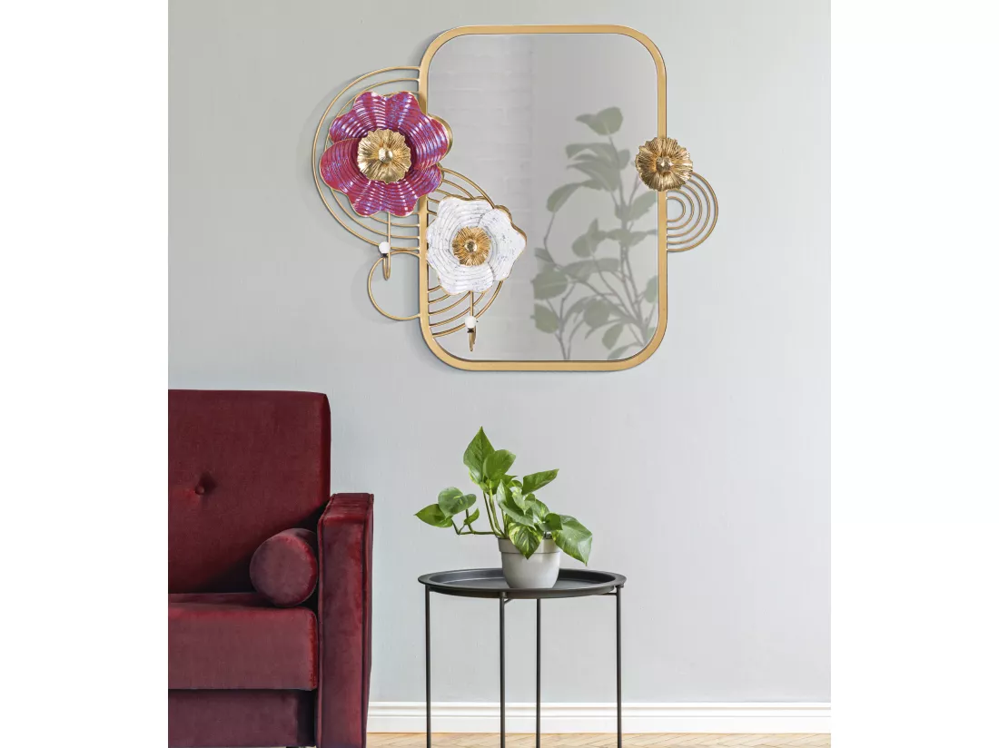 Miroir Mural Lovis - Cadre à Motifs Floraux et 2 Crochets Porte-Manteaux - 75x9,5x64,1 cm
