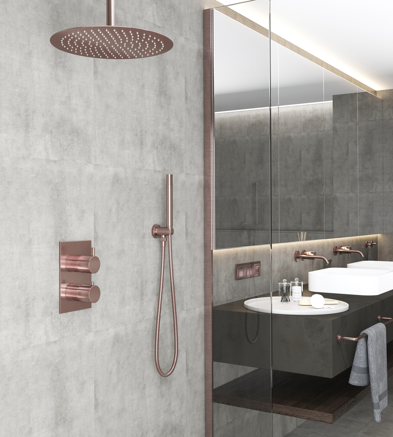 Saniclear Copper inbouw regendouche met plafondarm en 30cm hoofddouche geborsteld koper