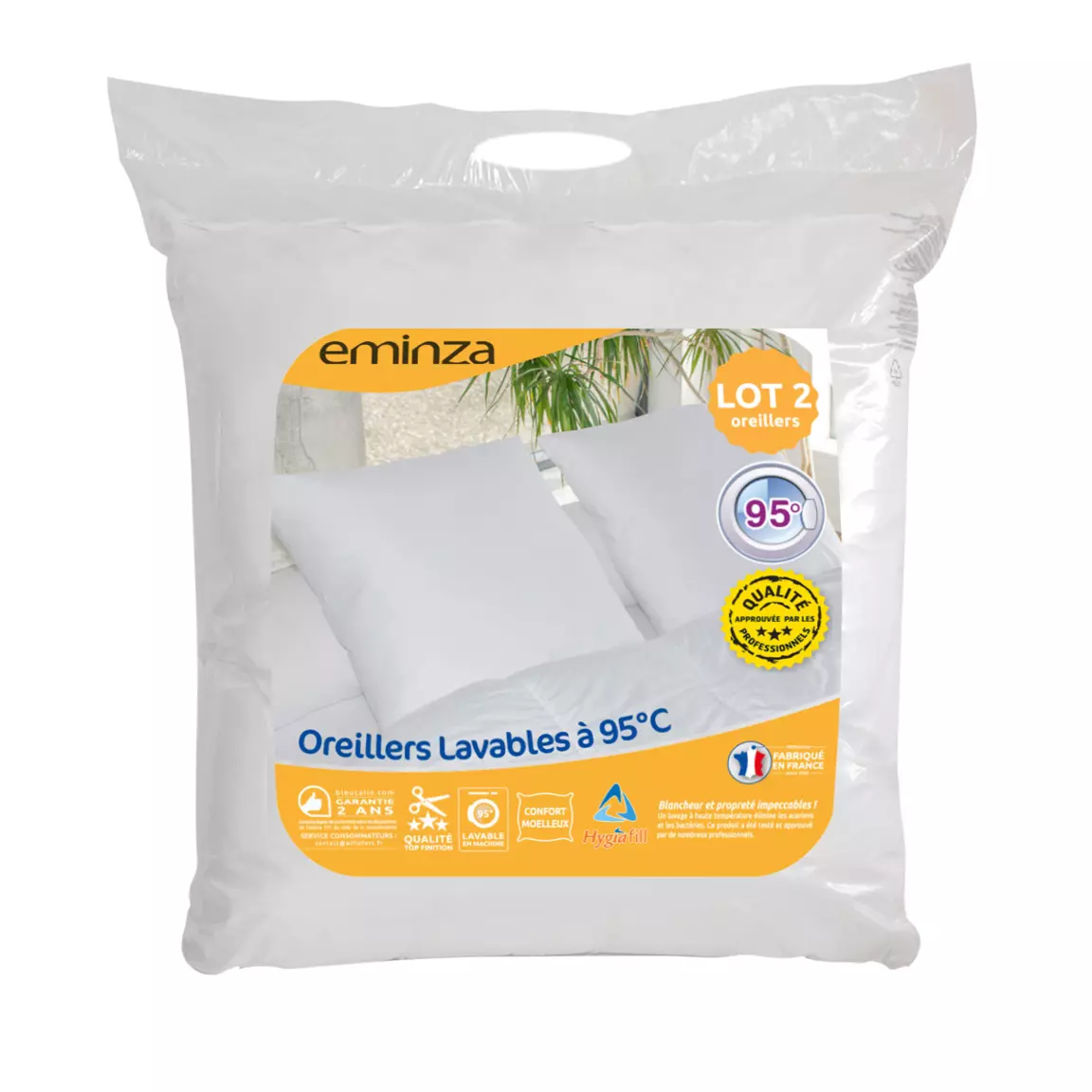 Lot de 2 oreillers carrés moelleux (60 x 60 cm) Lavables à 95 ° Blanc