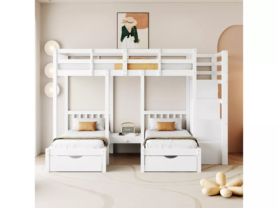 Lit superposé en bois 90x200cm + 2x70x140cm - avec 2 tiroirs et échelle de rangement - Blanc