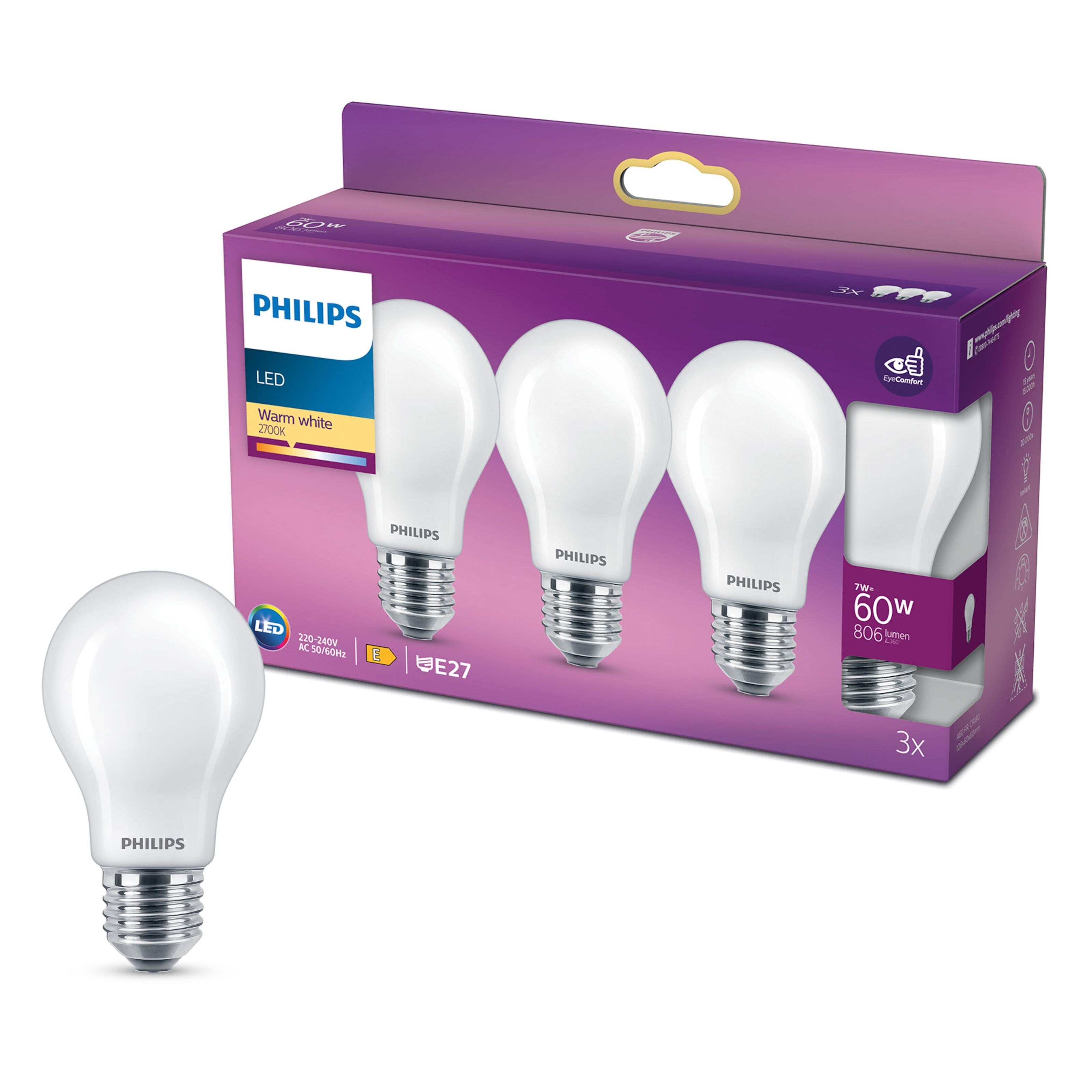 Philips LED-pære E27 806 lm 3-pk.