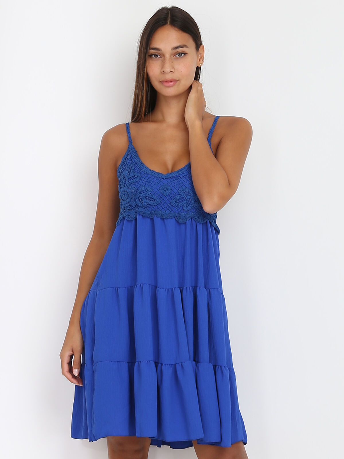 Robe bohème courte avec broderie- Bleu