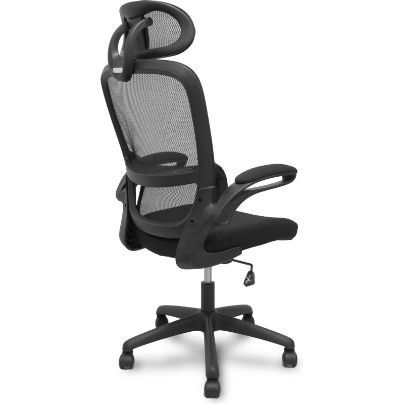 Chaise Pro525, dossier en maille noire, assise et appui-tête en tissu noir