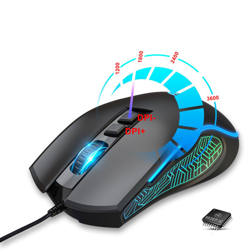 Optische kabelgebundene USB Gaming Maus 3600 DPI mit RGB Beleuchtung und 7 Tasten - Schwarz