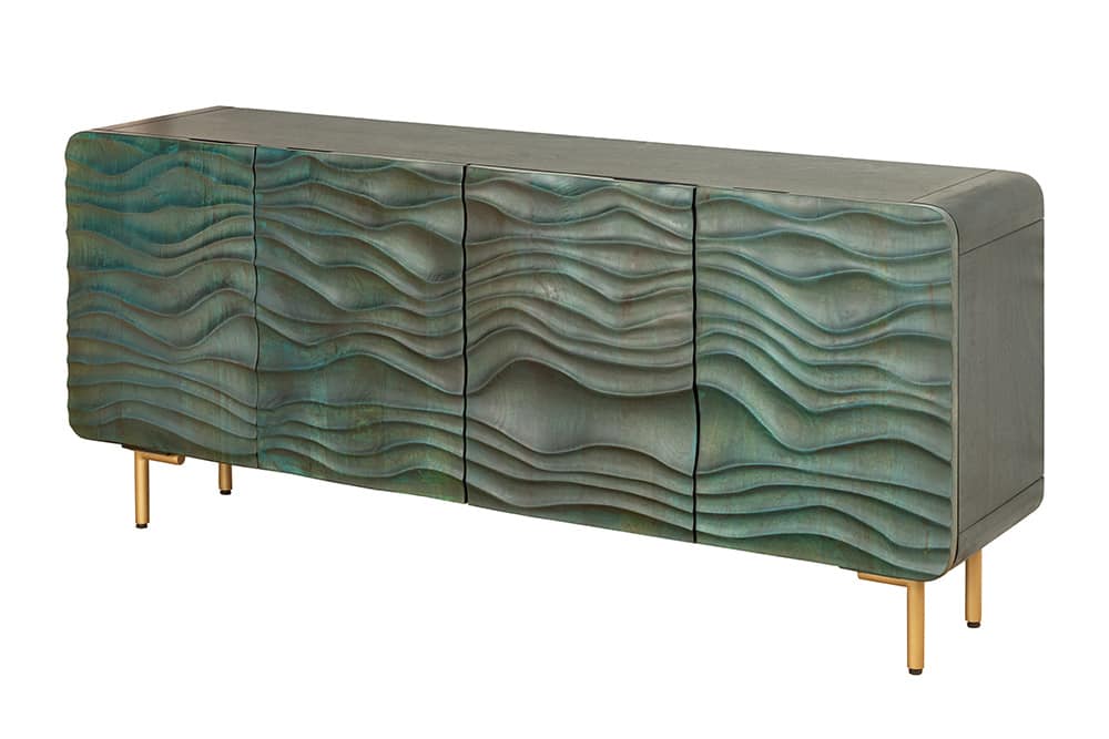 Design Sideboard WAVE 160cm türkis Mangoholz Massivholz mattgold Metallbeine