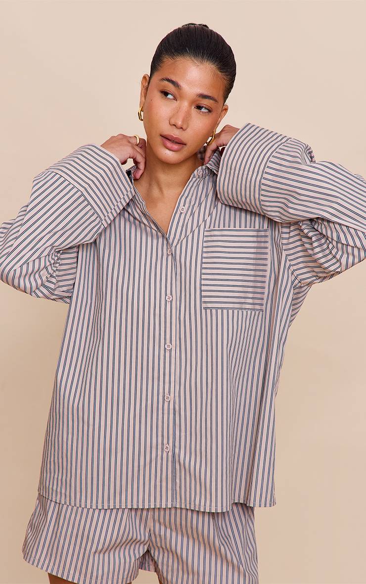 Gris Pierre Chemise Oversize À Manches Ballon Et Rayures Tennis Tissées