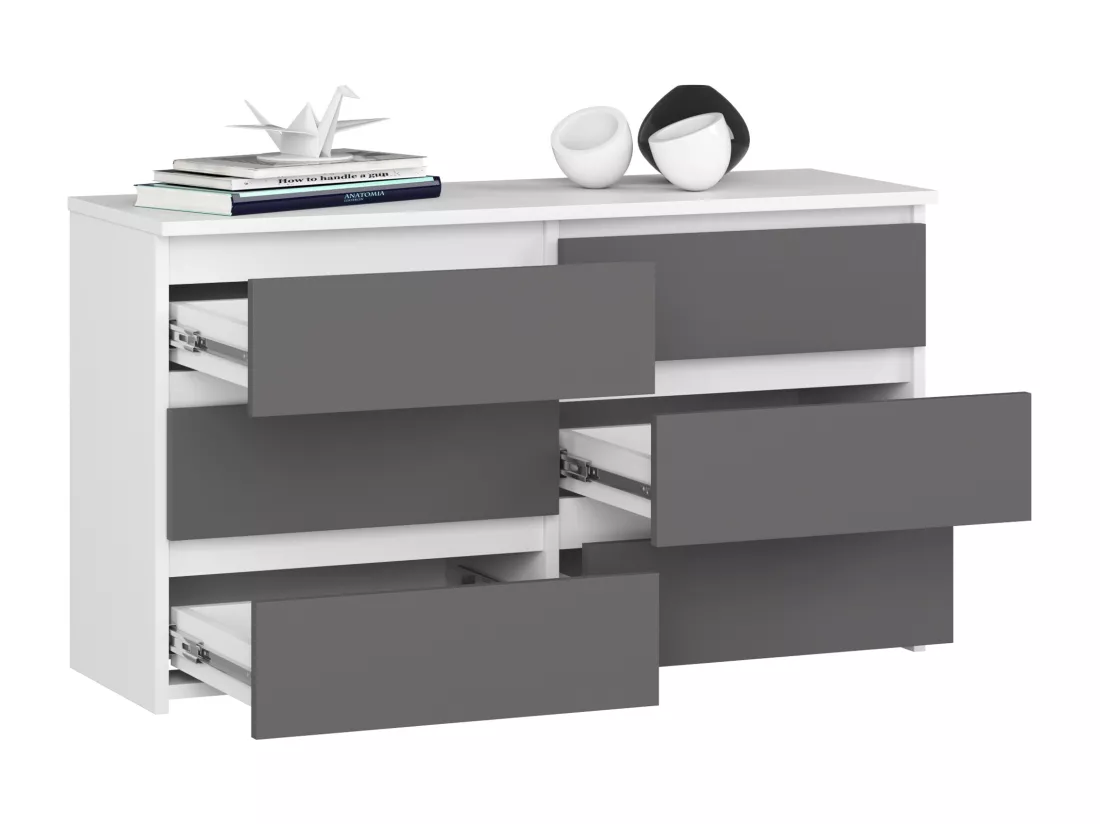 Petite Commode AKORD CL100 Blanche 100 cm 6 tiroirs façade Gris Graphite 100x35x57 cm