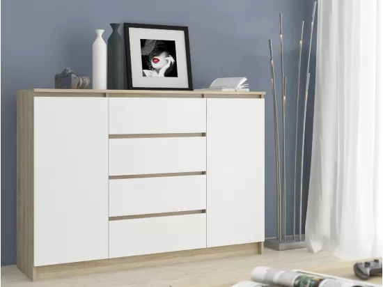 Commode AKORD K140 Chêne Sonoma 138 cm 2 portes 4 tiroirs façade Blanche 4 étagères 138x40x99 cm