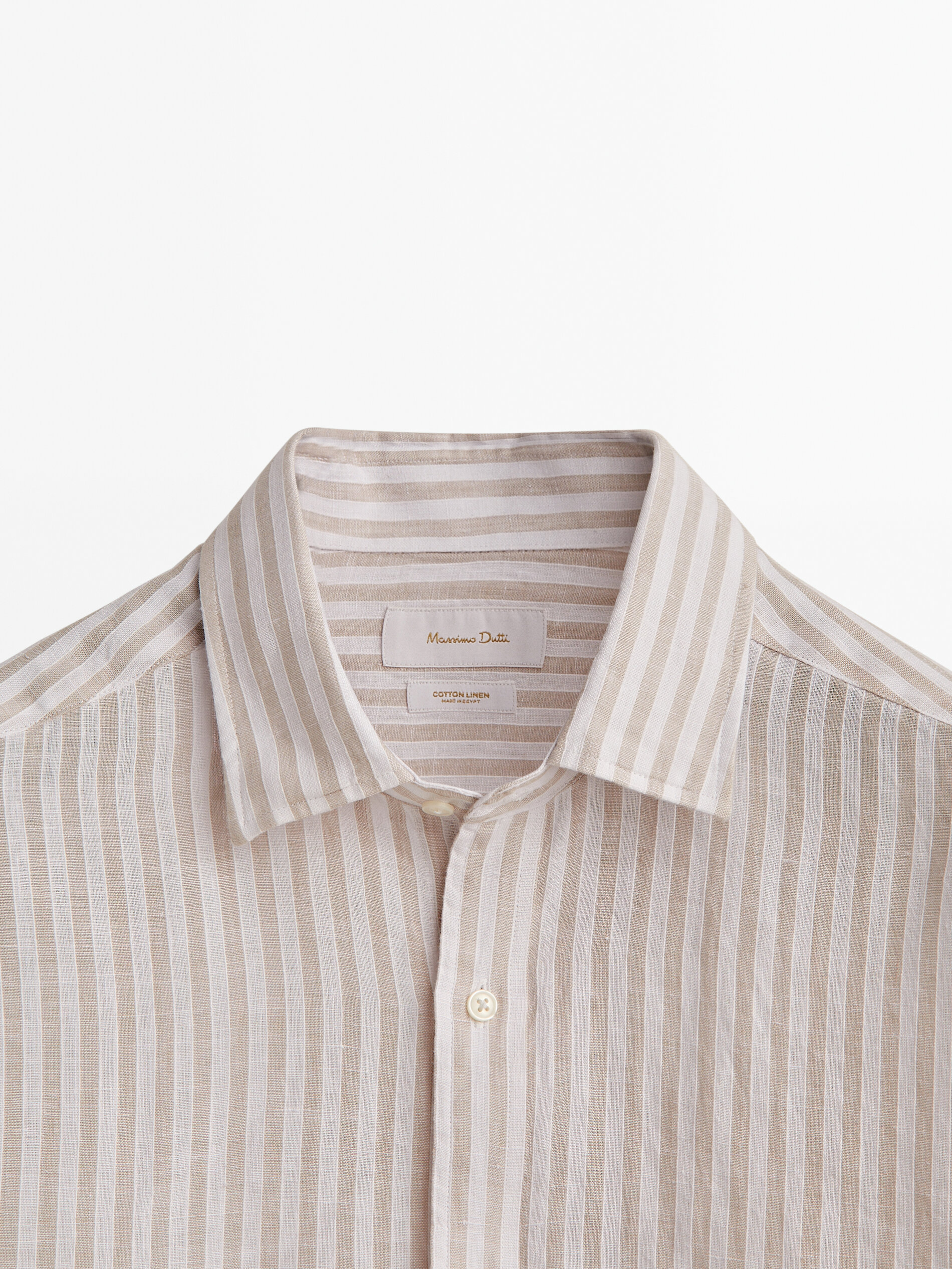 Camisa listrada de corte justo em mistura de linho e algodão - BEGE
