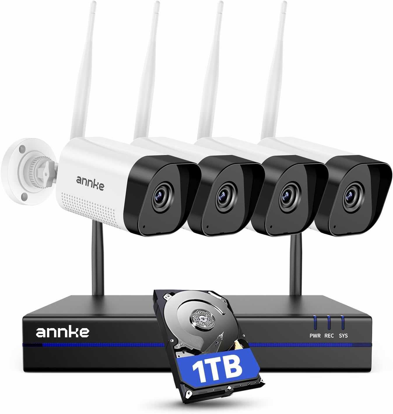 ANNKE 3MP WLAN Überwachungskamera Set Aussen, 16CH 4K NVR mit 4X 3MP WiFi Kamera, Videoüberwachung mit 1TB Festplatte, Personenerkennung, 2-Wege-Audio, 30M Nachtsicht, IP66, Kompatibel mit Alexa
